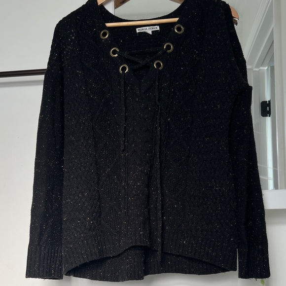 Black Cold Shoulder Sweater with Lace-Up Detail - Picture 1 of 6